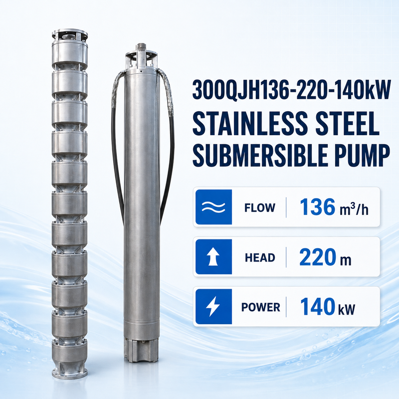 Bomba submersível de aço inoxidável de 140 kW com 220 m de cabeça e 136 m3/h de caudal para aplicações em poços profundos