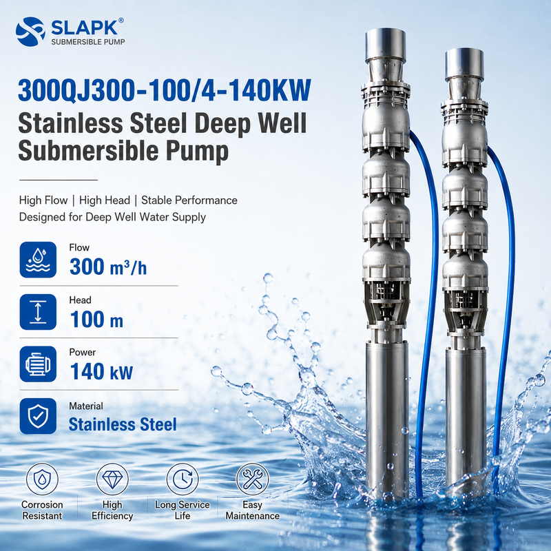 Bomba Submersível para Poço Profundo de Alto Fluxo de 300 m³/h e 100 m de Coluna de Água com Motor de 140 kW para Aplicações em Água Salgada