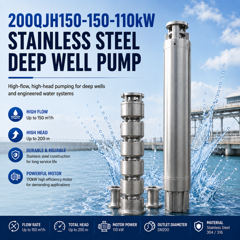 200QJH150-150-110kW Bomba de poços profundos de aço inoxidável Bomba de alto fluxo e bomba de cabeça alta para poços profundos e sistemas de água de engenharia